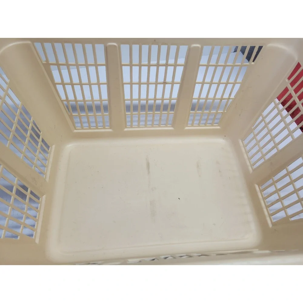 Vintage Cream Plastic Laundry Basket Rectangular Ventilated Storage Bin 23x17x10